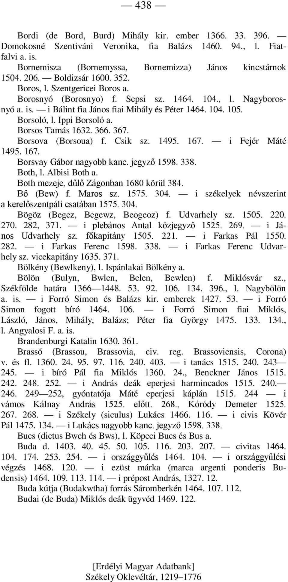 Ippi Borsoló a. Borsos Tamás 1632. 366. 367. Borsova (Borsoua) f. Csik sz. 1495. 167. i Fejér Máté 1495. 167. Borsvay Gábor nagyobb kanc. jegyző 1598. 338. Both, l. Albisi Both a.