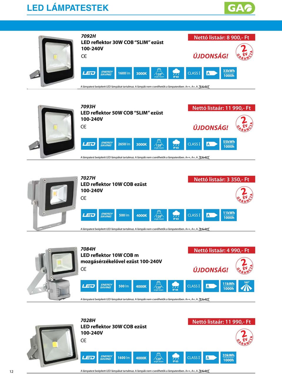 ezüst Nettó listaár: 3 350,- Ft 7084H LED reflektor 10W COB m mozgásérzékelővel ezüst