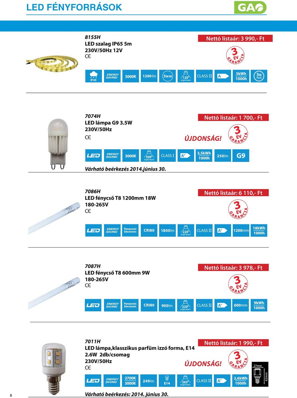 7086H LED fénycső T8 1200mm 18W 180-265V Nettó listaár: 6 110,- Ft 7087H LED fénycső T8 600mm 9W