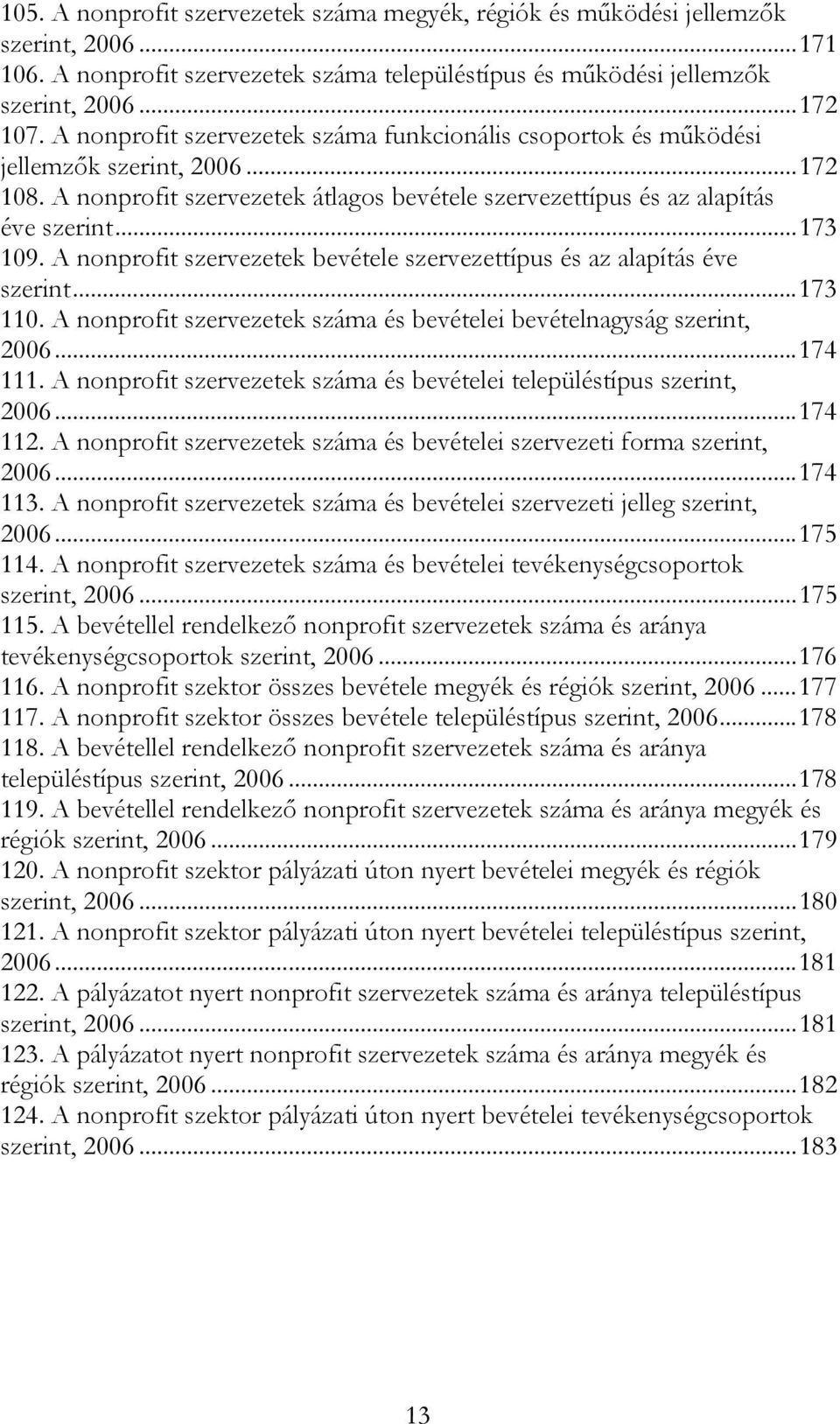 A nonprofit szervezetek bevétele szervezettípus és az alapítás éve szerint...173 110. A nonprofit szervezetek száma és bevételei bevételnagyság szerint, 2006...174 111.