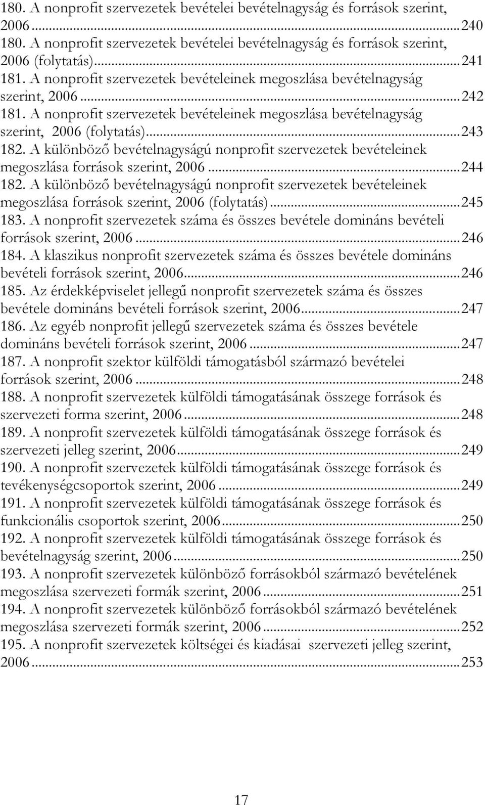 A különböző bevételnagyságú nonprofit szervezetek bevételeinek megoszlása források szerint, 2006...244 182.