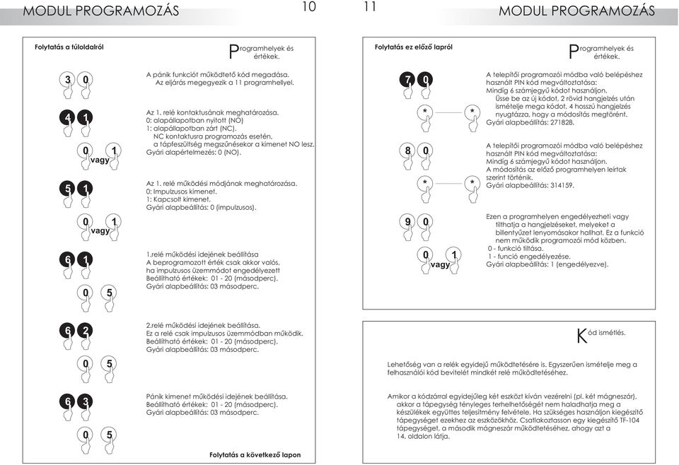 NC kontaktusra programozás esetén, a tápfeszültség megszûnésekor a kimenet N lesz. Gyári alapértelmezés: (N). Az. relé mûködési módjának meghatározása. : Impulzusos kimenet. : Kapcsolt kimenet.