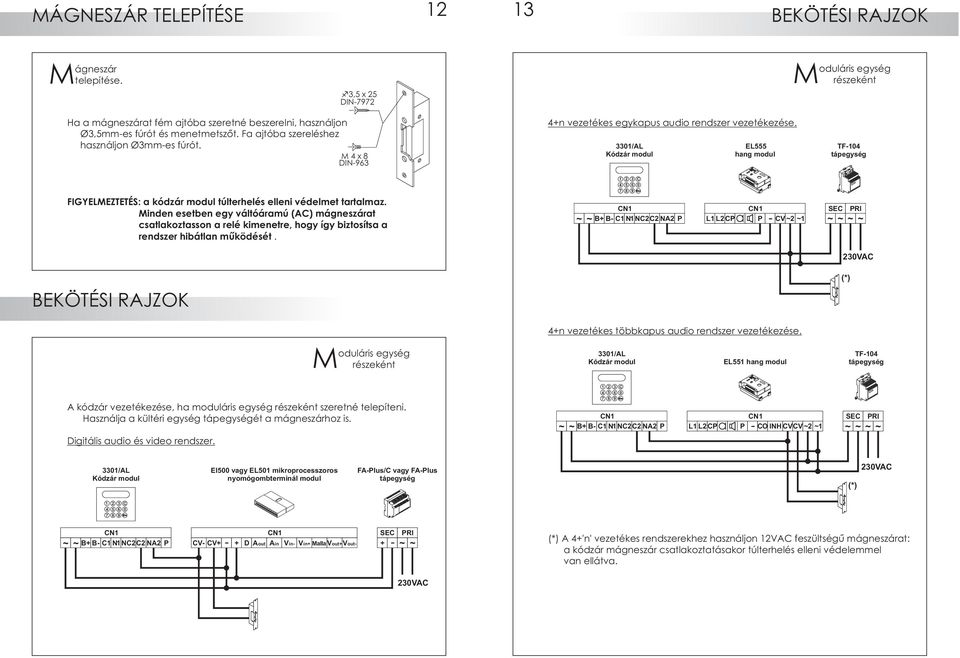 Minden esetben egy váltóáramú (AC) mágneszárat csatlakoztasson a relé kimenetre, hogy így biztosítsa a rendszer hibátlan mûködését. BEKÖTÉSI RAJZK +n vezetékes egykapus audio rendszer vezetékezése.