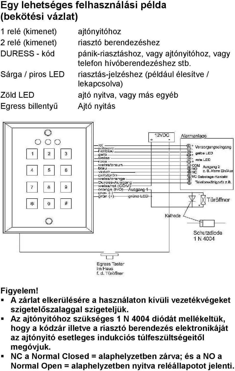 Sárga / piros LED riasztás-jelzéshez (például élesítve / lekapcsolva) Zöld LED ajtó nyitva, vagy más egyéb Egress billentyű Ajtó nyitás A zárlat elkerülésére a használaton kívüli