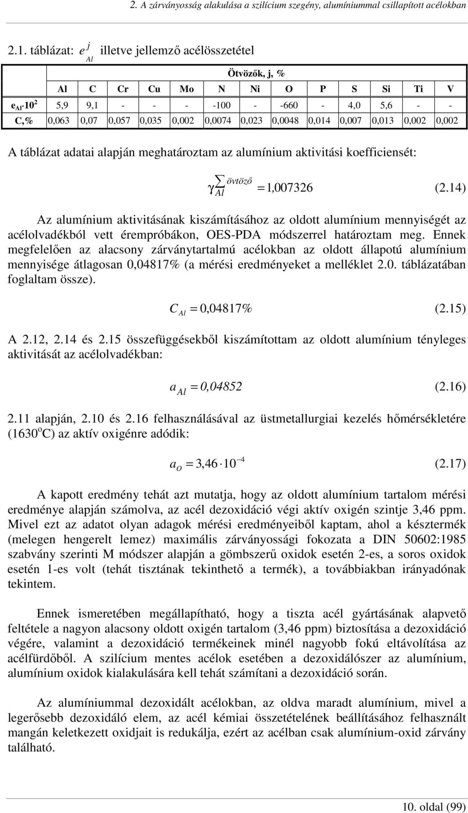0,014 0,007 0,013 0,002 0,002 A táblázat adatai alapján meghatároztam az alumínium aktivitási koefficiensét: övtözı Al = γ 1,007326 (2.