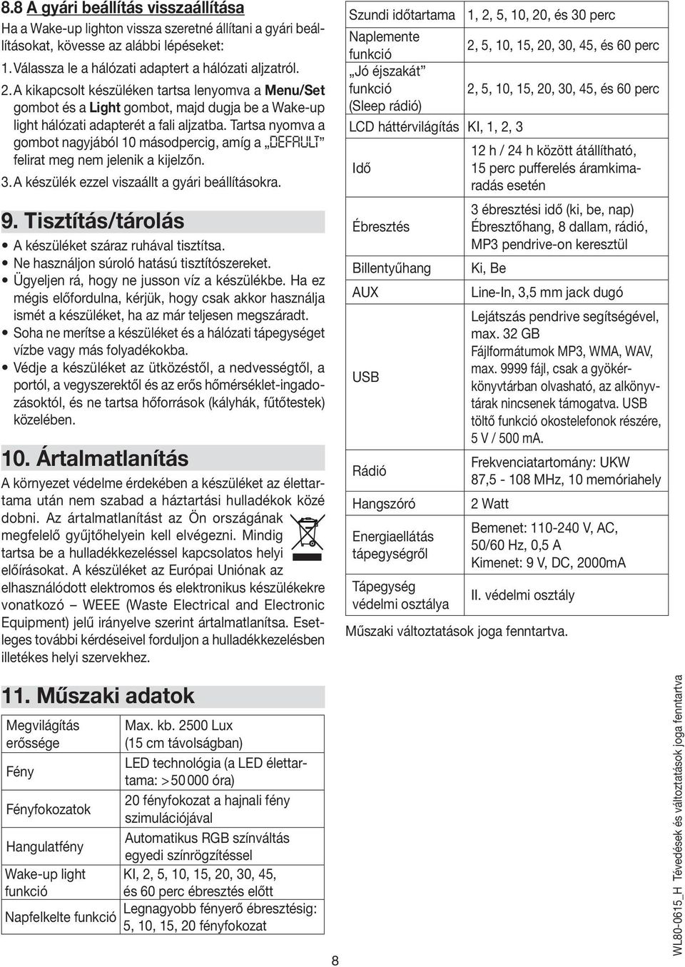 Tartsa nyomva a gombot nagyjából 10 másodpercig, amíg a DEFAULT felirat meg nem jelenik a kijelzőn. 3. A készülék ezzel viszaállt a gyári beállításokra. 9.