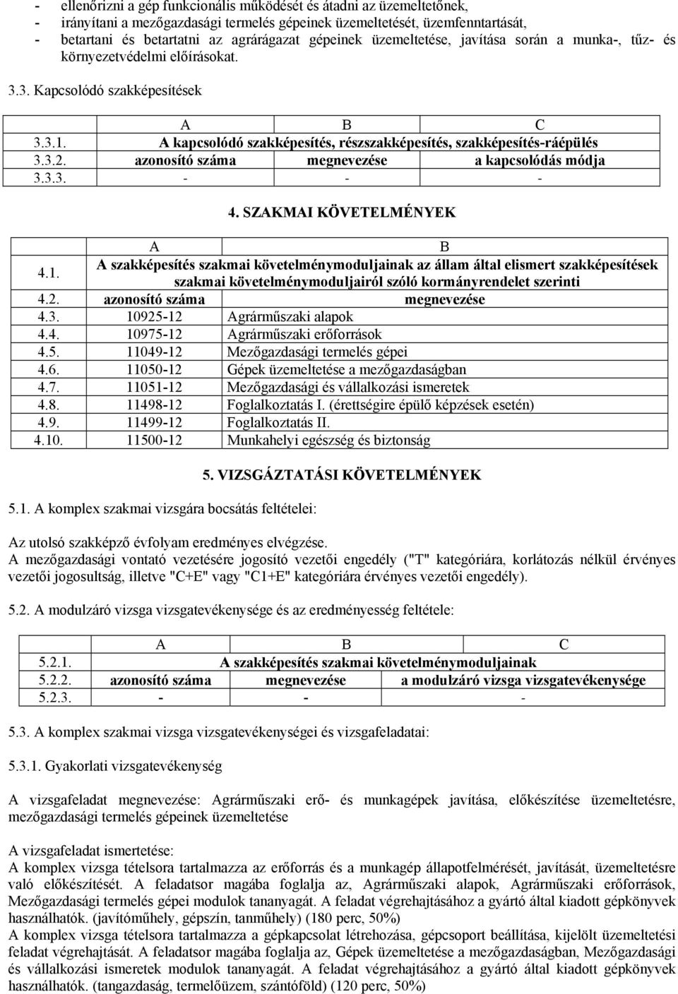 azonosító száma megnevezése a kapcsolódás módja 3.3.3. - - - 4. SZAKMAI KÖVETELMÉNYEK A B 4.1.