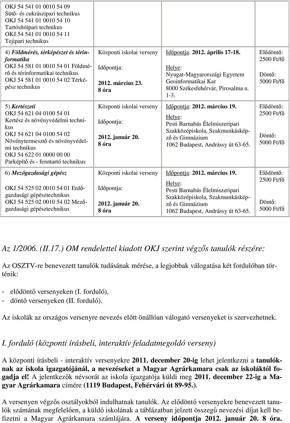 5) Kertészeti OKJ 54 621 04 0100 54 01 Kertész és növényvédelmi OKJ 54 621 04 0100 54 02 Növénytermesztő és növényvédelmi OKJ 54 622 01 0000 00 00 Parképítő és - fenntartó 2012. március 19.
