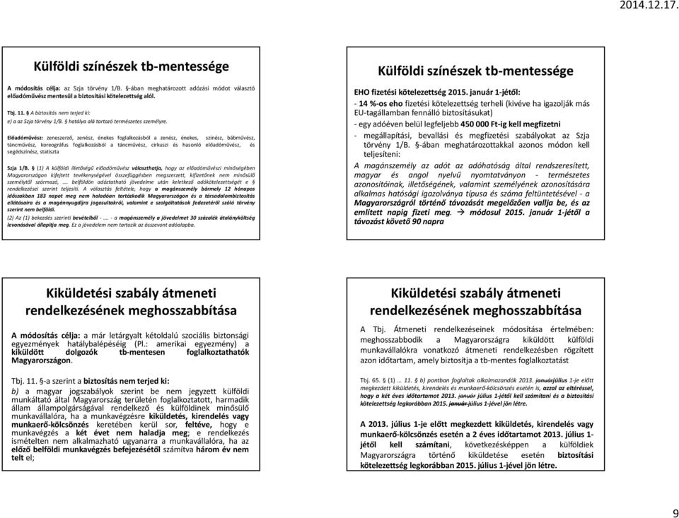 Előadóművész: zeneszerző, zenész, énekes foglalkozásból a zenész, énekes, színész, bábművész, táncművész, koreográfus foglalkozásból a táncművész, cirkuszi és hasonló előadóművész, és segédszínész,