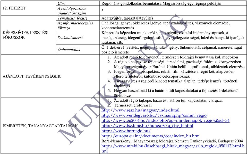 mezőgazdaság, idegenforgalom, stb. helyi jellegzetességei, húzó és hanyatló iparágak szakmái, stb.