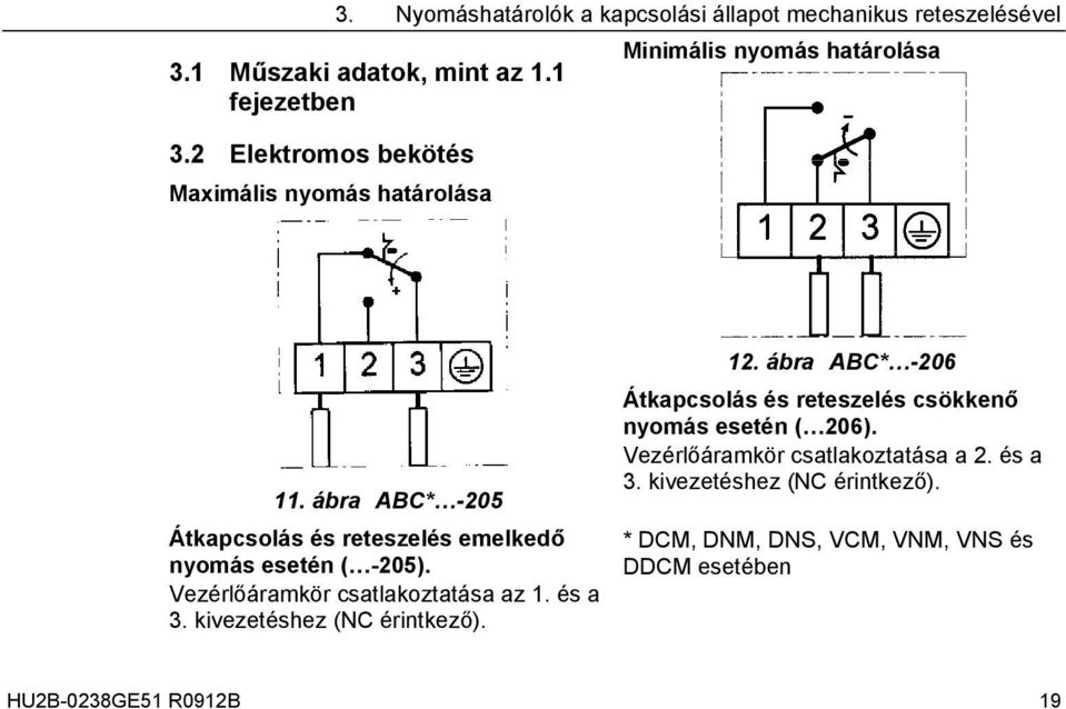 ábra ABC* -205 Átkapcsolás és reteszelés emelkedő nyomás esetén ( -205). Vezérlőáramkör csatlakoztatása az 1. és a 3.