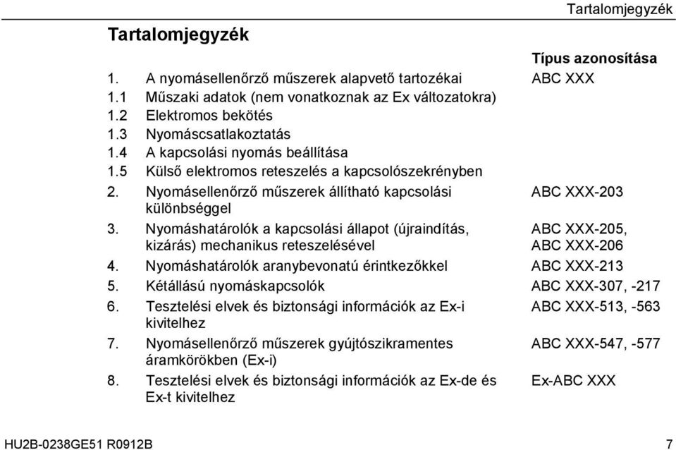 Nyomáshatárolók a kapcsolási állapot (újraindítás, kizárás) mechanikus reteszelésével ABC XXX-205, ABC XXX-206 4. Nyomáshatárolók aranybevonatú érintkezőkkel ABC XXX-213 5.