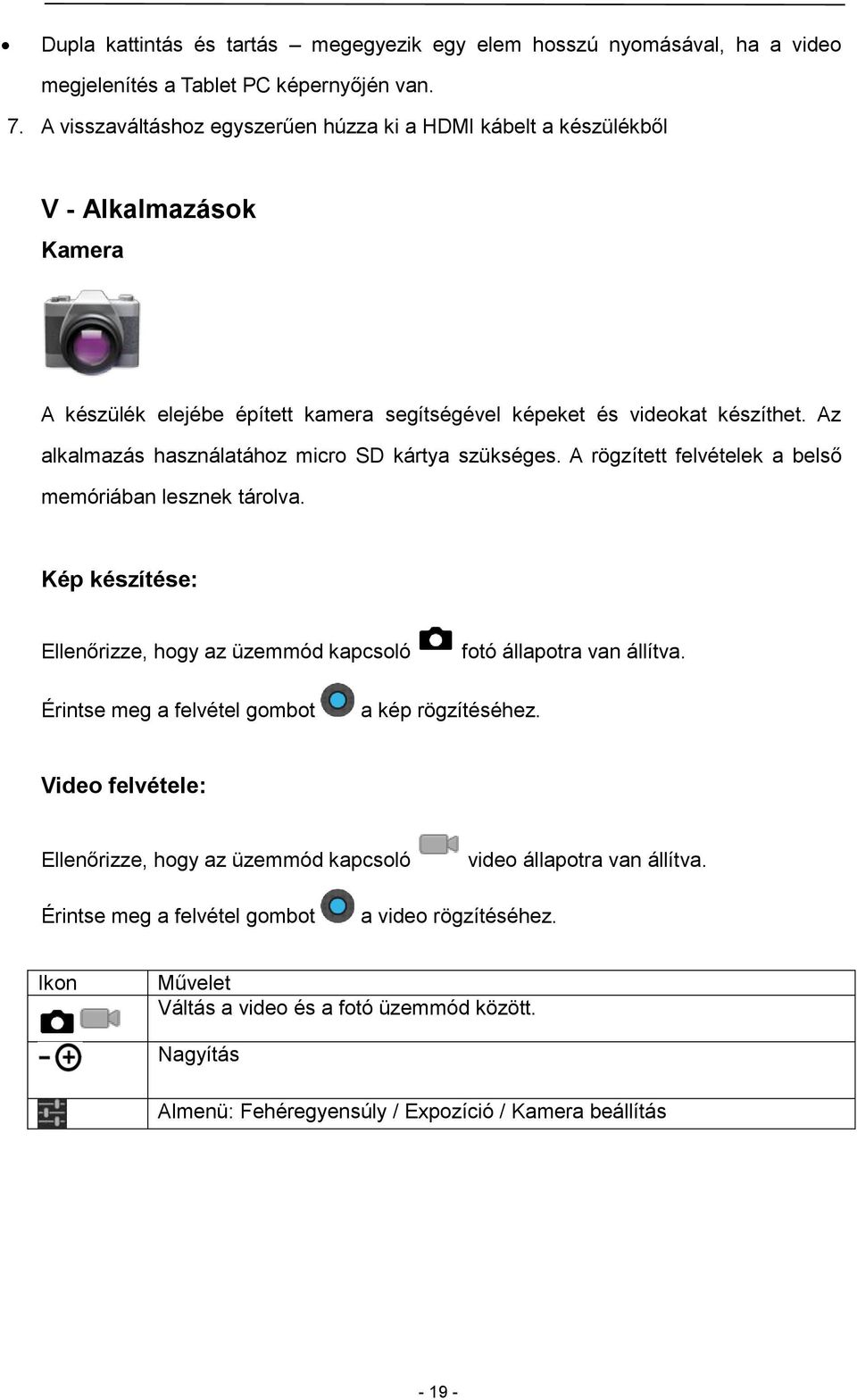 Az alkalmazás használatához micro SD kártya szükséges. A rögzített felvételek a belső memóriában lesznek tárolva. Kép készítése: Ellenőrizze, hogy az üzemmód kapcsoló fotó állapotra van állítva.