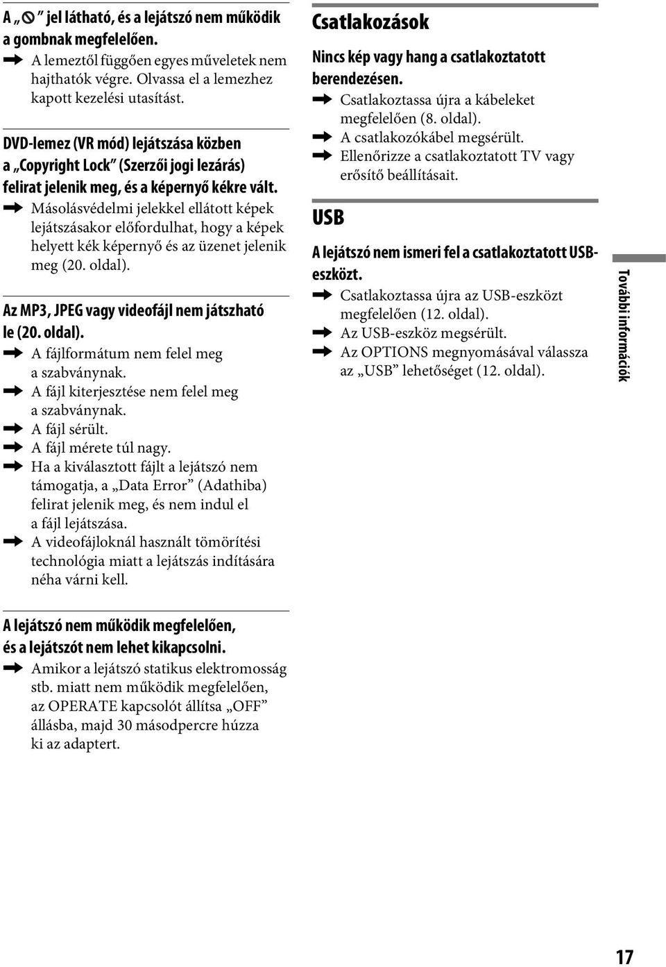 , Másolásvédelmi jelekkel ellátott képek lejátszásakor előfordulhat, hogy a képek helyett kék képernyő és az üzenet jelenik meg (20. oldal). Az MP3, JPEG vagy videofájl nem játszható le (20. oldal)., A fájlformátum nem felel meg aszabványnak.
