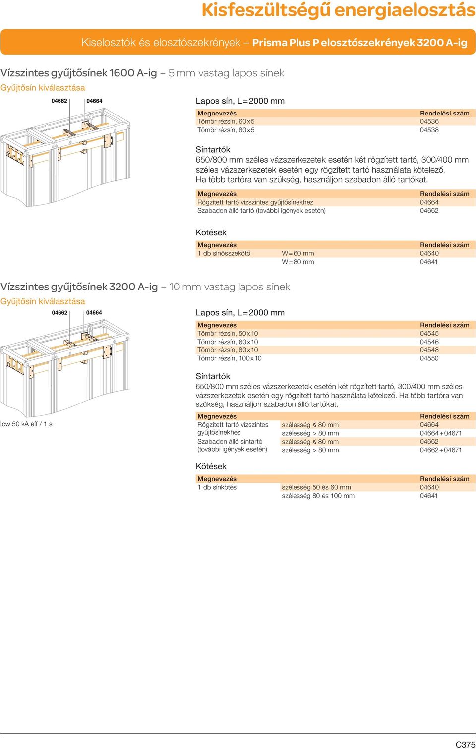 Rögzített tartó vízszintes gyűjtősínekhez 04664 Szabadon álló tartó (további igények esetén) 04662 Kötések 1 db sínösszekötő W = 60 mm 04640 W = 80 mm 04641 Vízszintes gyűjtősínek 3200 A-ig 10 mm
