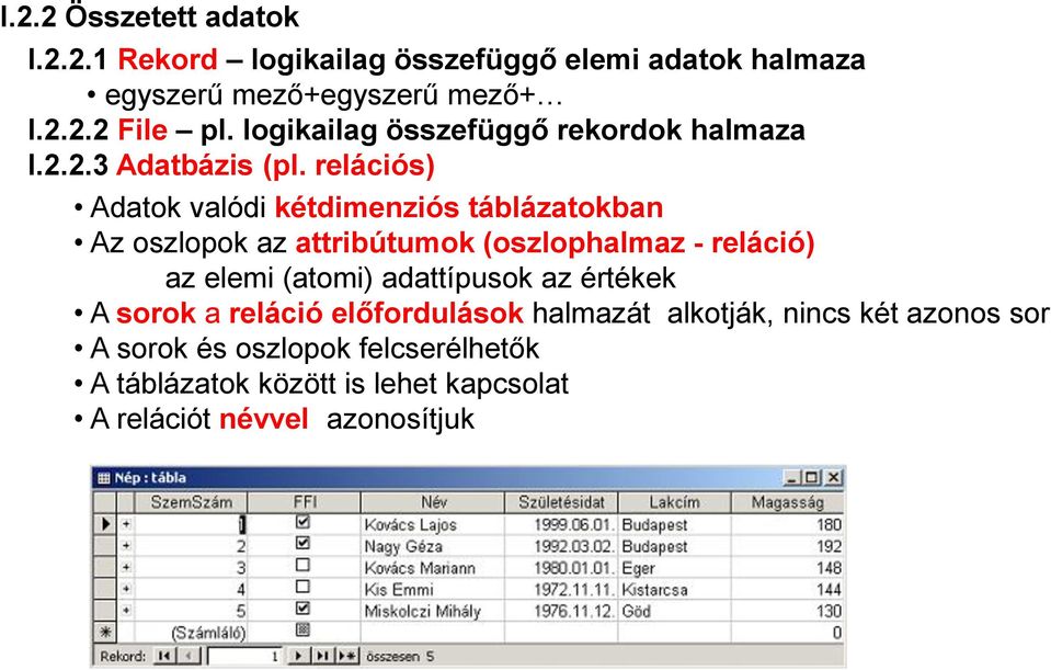 relációs) Adatok valódi kétdimenziós táblázatokban Az oszlopok az attribútumok (oszlophalmaz - reláció) az elemi (atomi)