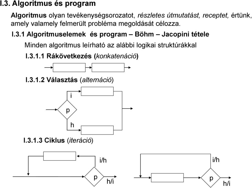 1 Algoritmuselemek és program Böhm Jacopini tétele Minden algoritmus leírható az alábbi logikai