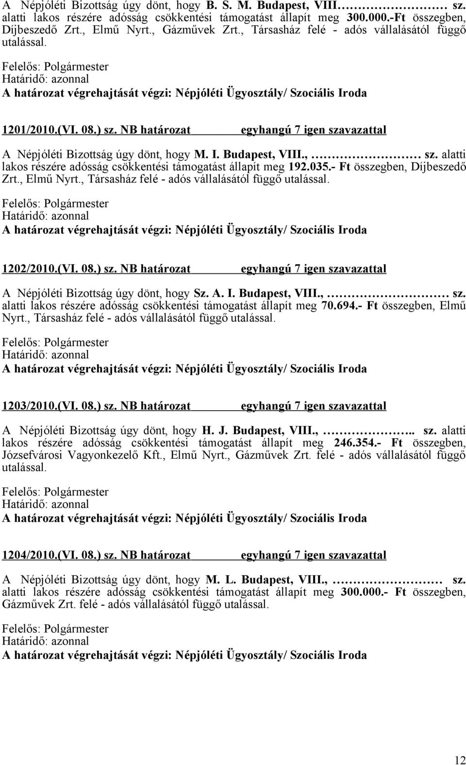 alatti lakos részére adósság csökkentési támogatást állapít meg 192.035.- Ft összegben, Díjbeszedő Zrt., Elmű Nyrt., Társasház felé - adós vállalásától függő 1202/2010.(VI. 08.) sz.