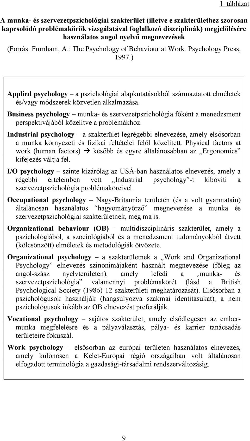 ) Applied psychology a pszichológiai alapkutatásokból származtatott elméletek és/vagy módszerek közvetlen alkalmazása.