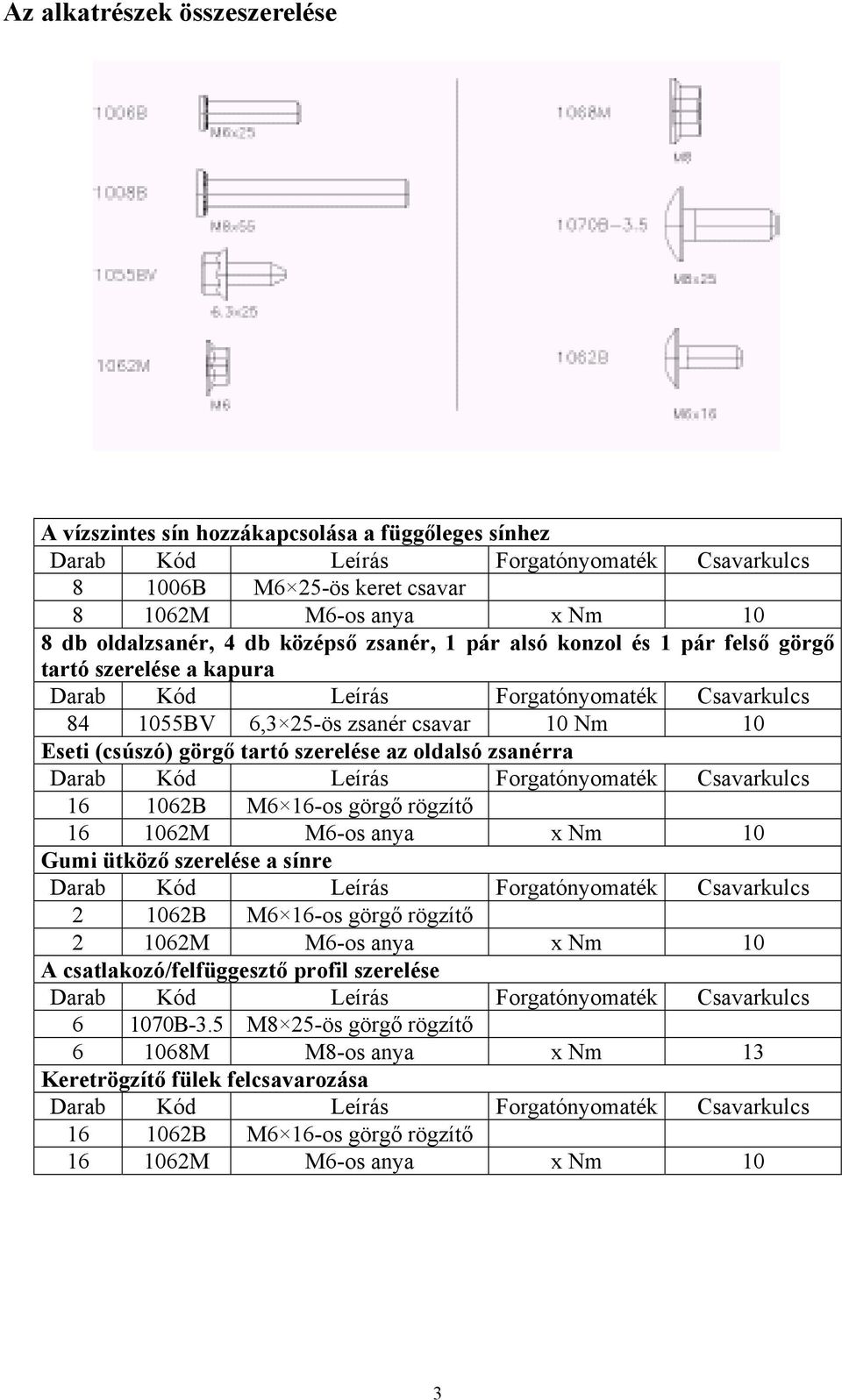 (csúszó) görgő tartó szerelése az oldalsó zsanérra Darab Kód Leírás Forgatónyomaték Csavarkulcs 16 1062B M6 16-os görgő rögzítő 16 1062M M6-os anya x Nm 10 Gumi ütköző szerelése a sínre Darab Kód