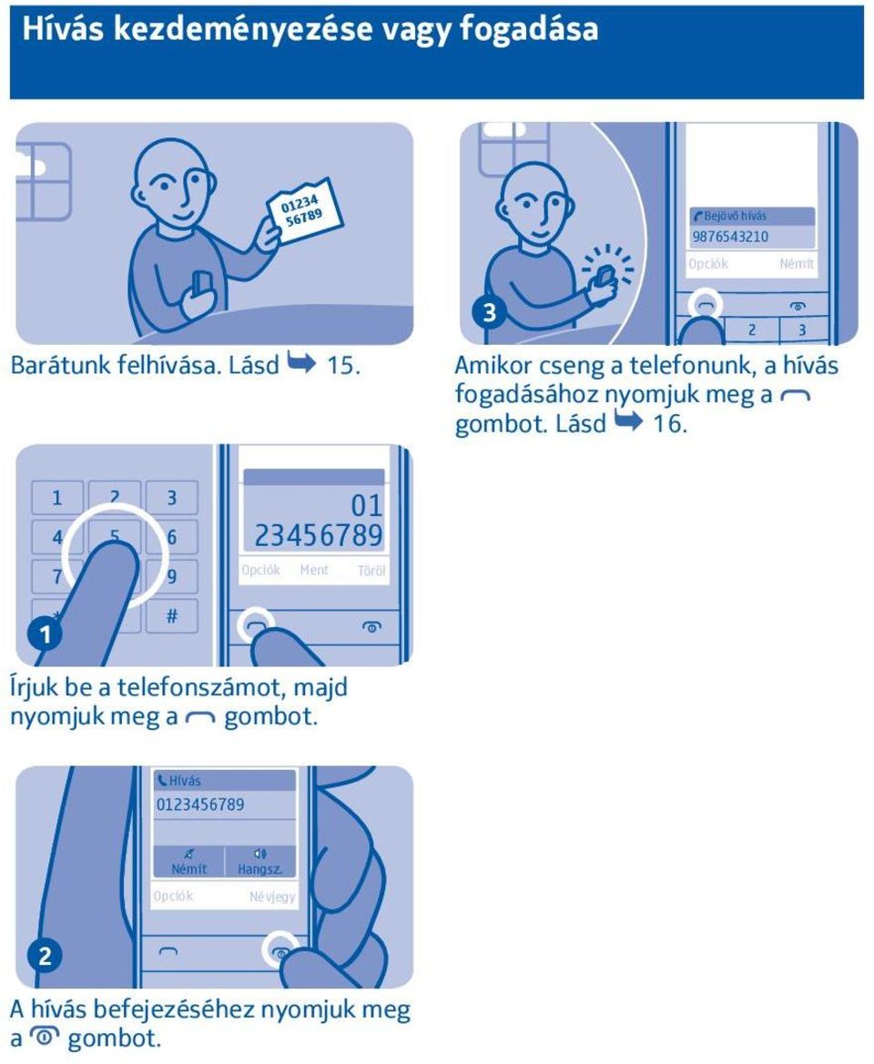 Amikor cseng a telefonunk, a hívás fogadásához nyomjuk meg a gombot. Lásd 6.