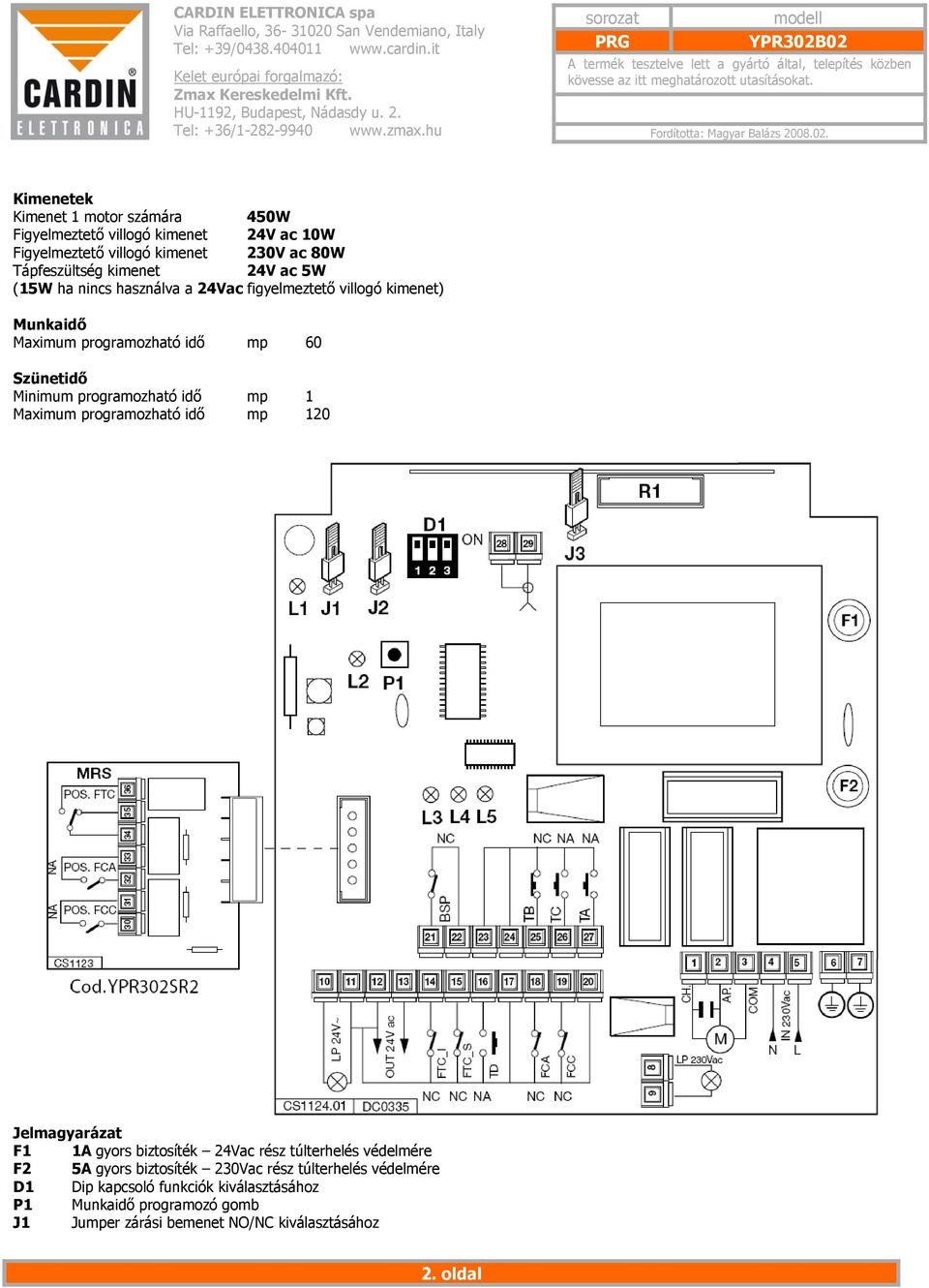 programozható idő mp 1 Maximum programozható idő mp 120 Jelmagyarázat F1 1A gyors biztosíték 24Vac rész túlterhelés védelmére F2 5A gyors