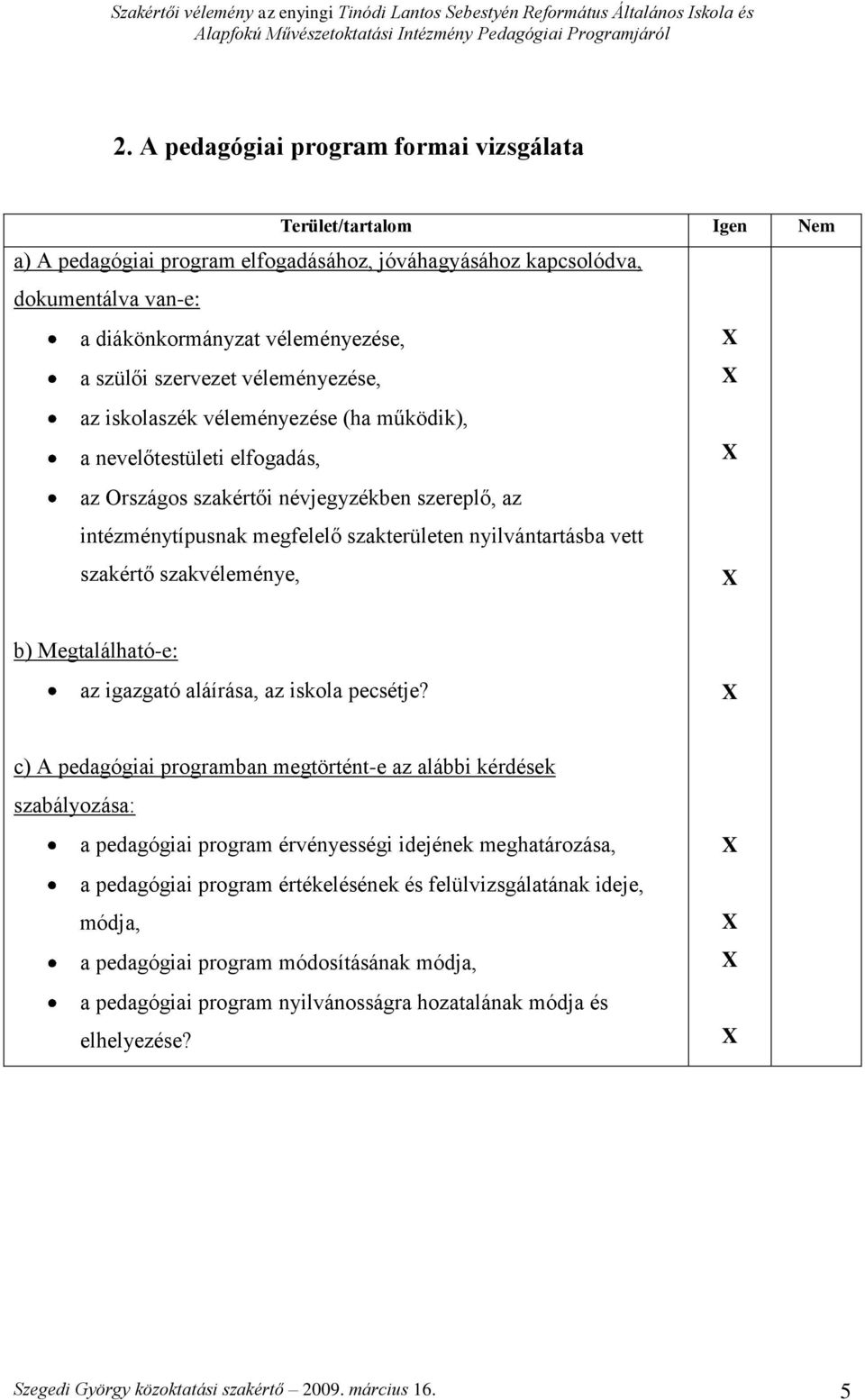 nyilvántartásba vett szakértő szakvéleménye, b) Megtalálható-e: az igazgató aláírása, az iskola pecsétje?