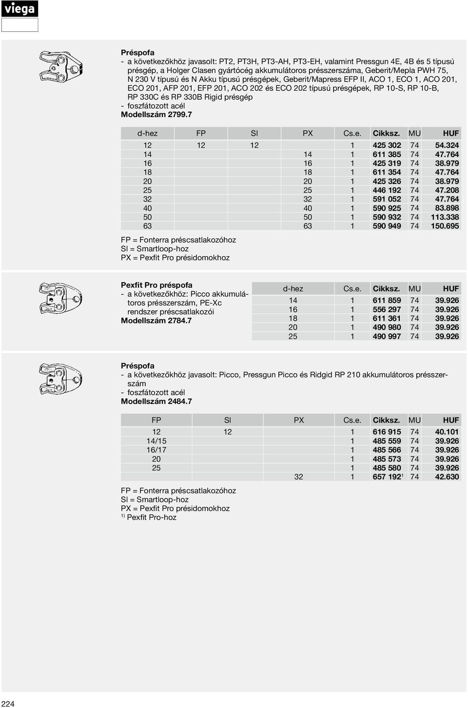 695 FP = Fonterra préscsatlakozóhoz Sl = Smartloop-hoz PX = Pexfit Pro présidomokhoz Pexfit Pro préspofa a következőkhöz: Picco akkumulátoros présszerszám, PE-Xc rendszer préscsatlakozói Modellszám