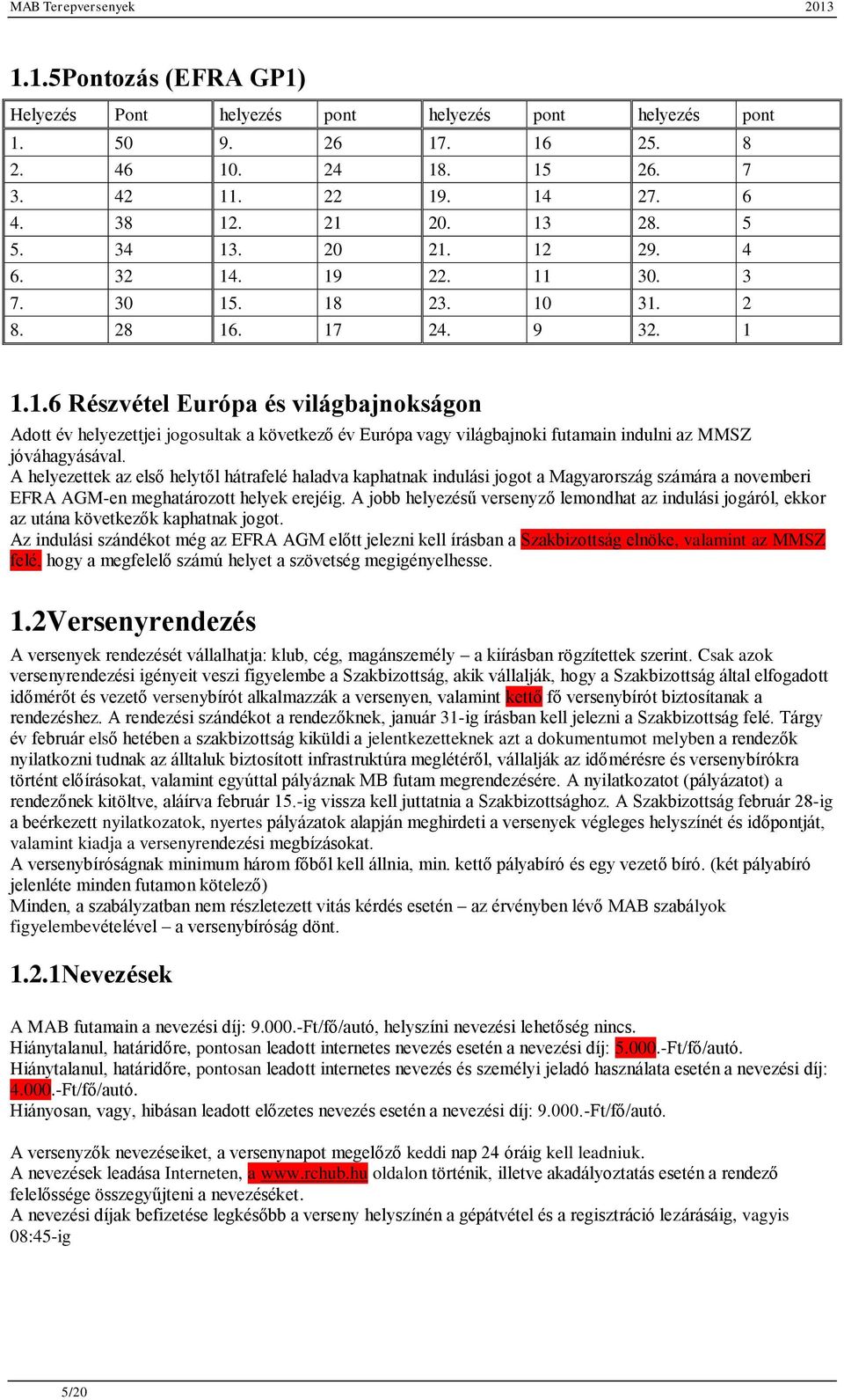 A helyezettek az első helytől hátrafelé haladva kaphatnak indulási jogot a Magyarország számára a novemberi EFRA AGM-en meghatározott helyek erejéig.