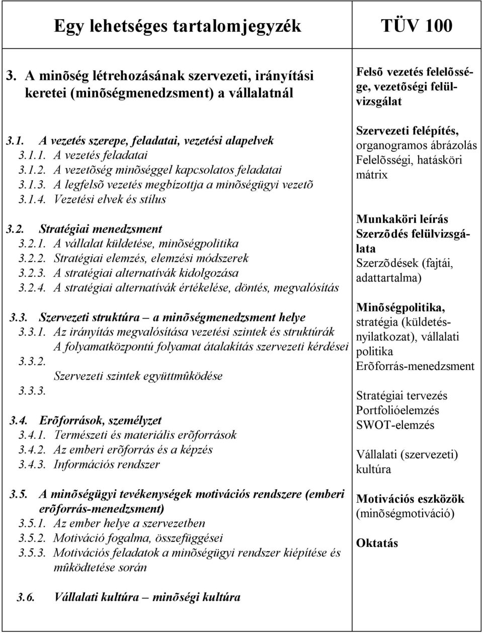 2.2. Stratégiai elemzés, elemzési módszerek 3.2.3. A stratégiai alternatívák kidolgozása 3.2.4. A stratégiai alternatívák értékelése, döntés, megvalósítás 3.3. Szervezeti struktúra a minõségmenedzsment helye 3.