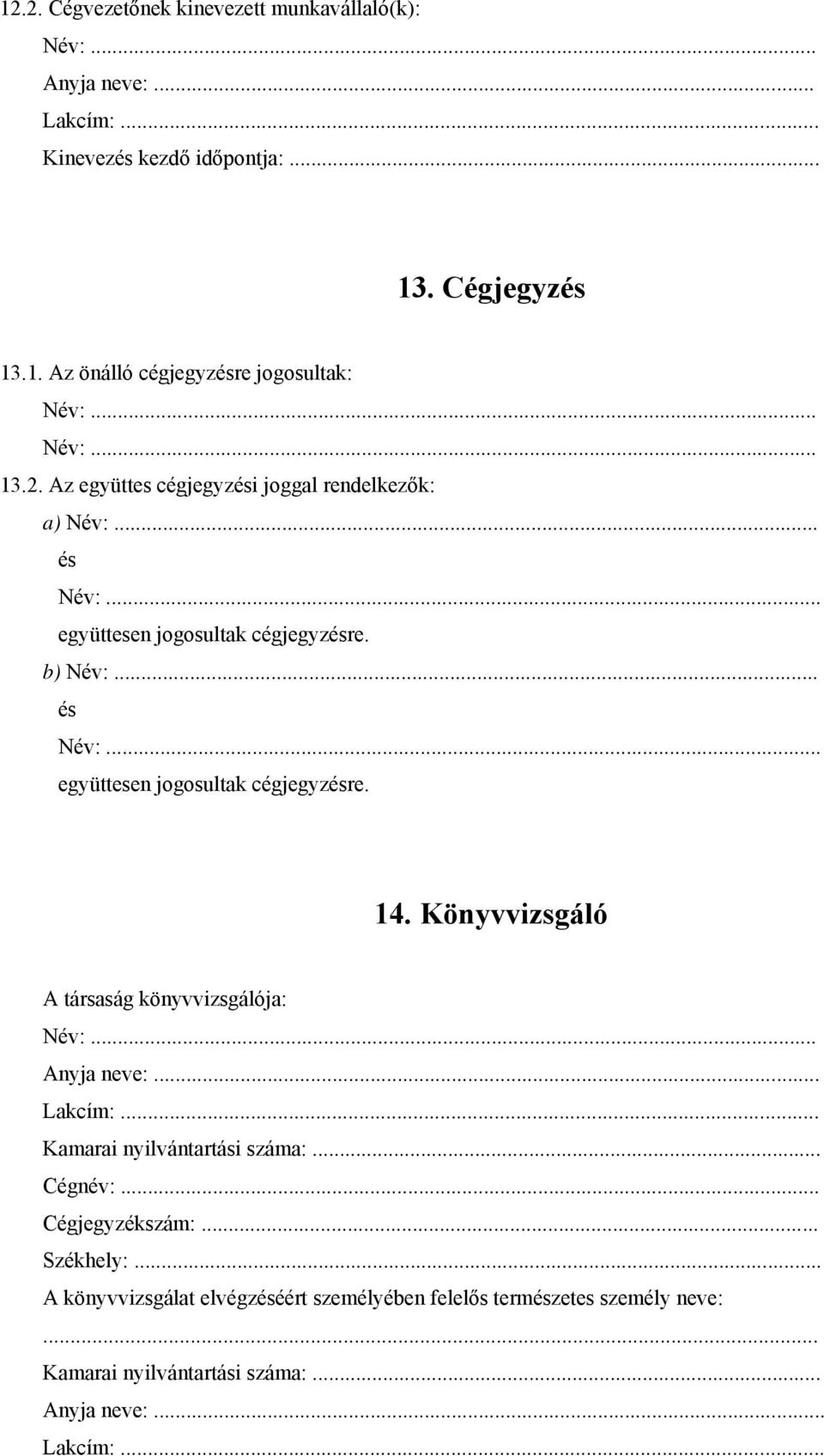 Könyvvizsgáló A társaság könyvvizsgálója: Kamarai nyilvántartási száma:... Cégnév:... Cégjegyzékszám:.
