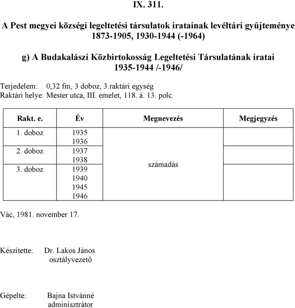 doboz 1935 1936 2. doboz 1937 1938 3. doboz 1939 1940 1945 1946 számadás Vác, 1981. november 17.