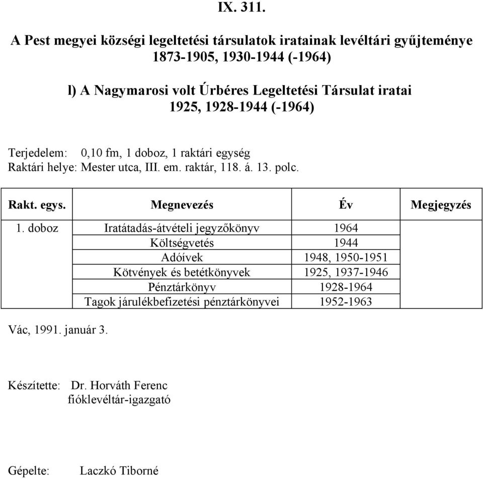 doboz Iratátadás-átvételi jegyzőkönyv 1964 Költségvetés 1944 Adóívek 1948, 1950-1951 Kötvények és betétkönyvek 1925, 1937-1946