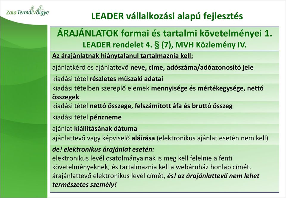 mértékegysége, nettó összegek kiadási tétel nettó összege, felszámított áfa és bruttó összeg kiadási tétel pénzneme LEADER vállalkozási alapú fejlesztés ajánlat kiállításának dátuma ajánlattevő vagy