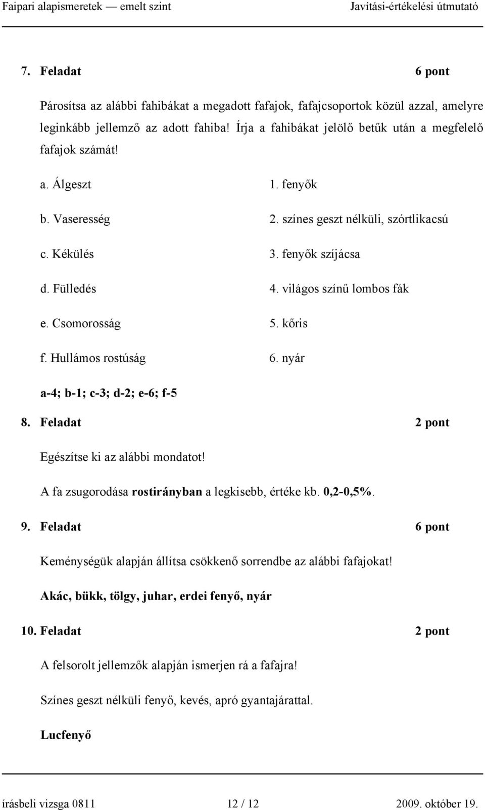 világos színű lombos fák e. Csomorosság 5. kőris f. Hullámos rostúság 6. nyár a-4; b-; c-3; d-2; e-6; f-5 8. Feladat 2 pont Egészítse ki az alábbi mondatot!