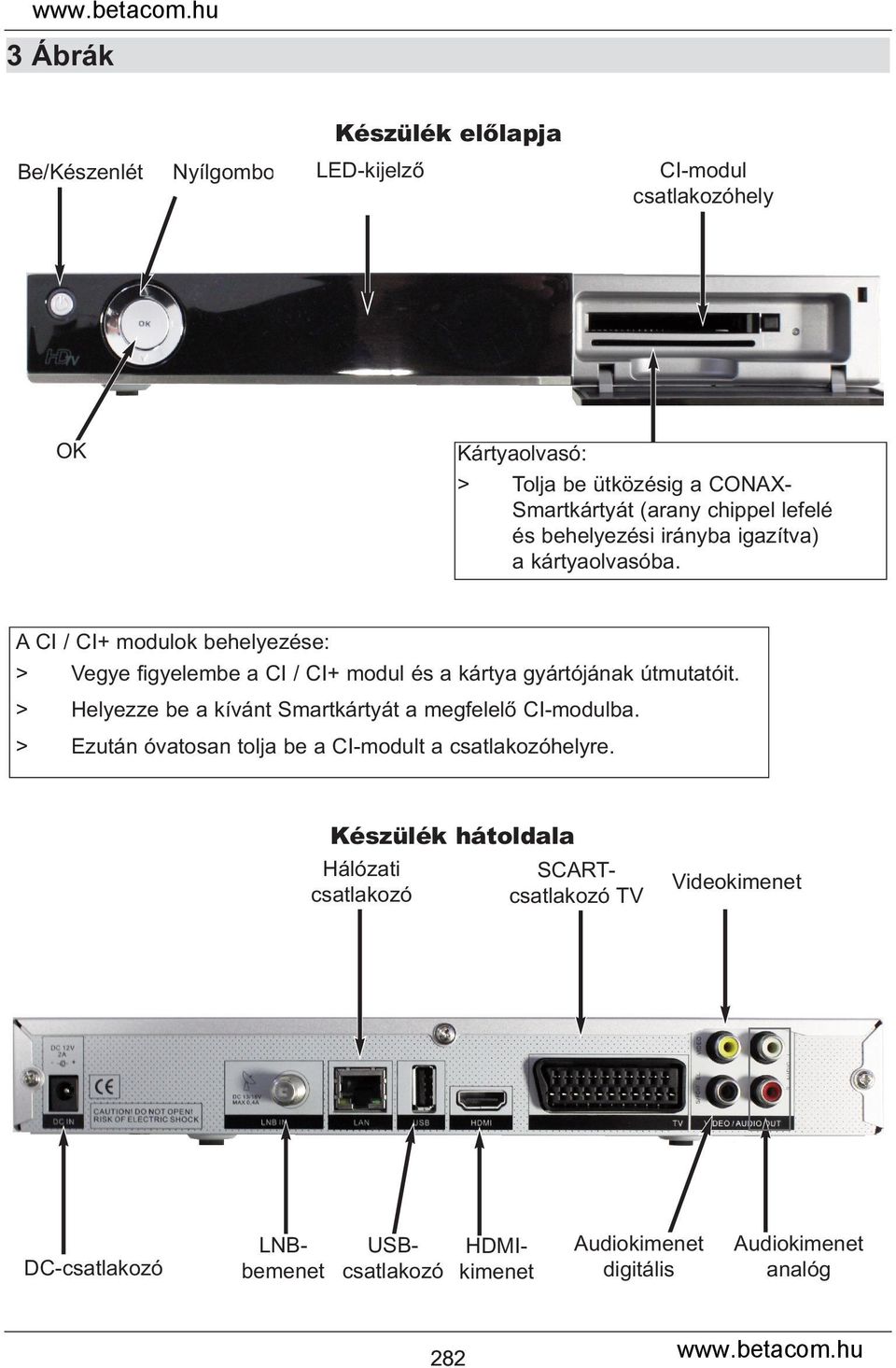 A CI / CI+ modulok behelyezése: > Vegye figyelembe a CI / CI+ modul és a kártya gyártójának útmutatóit.