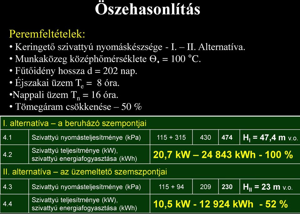 Tömegáram csökkenése 50 % Szivattyú teljesítménye (kw), szivattyú energiafogyasztása (kwh) 20,7 kw 24 843 kwh - 100 % II. alternatíva az üzemeltető szemszpontjai 4.