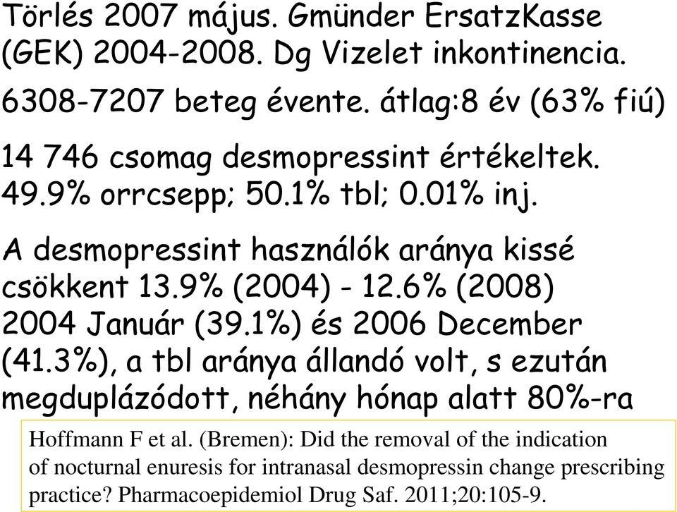 A desmopressint használók aránya kissé csökkent 13.9% (2004) - 12.6% (2008) 2004 Január (39.1%) és 2006 December (41.