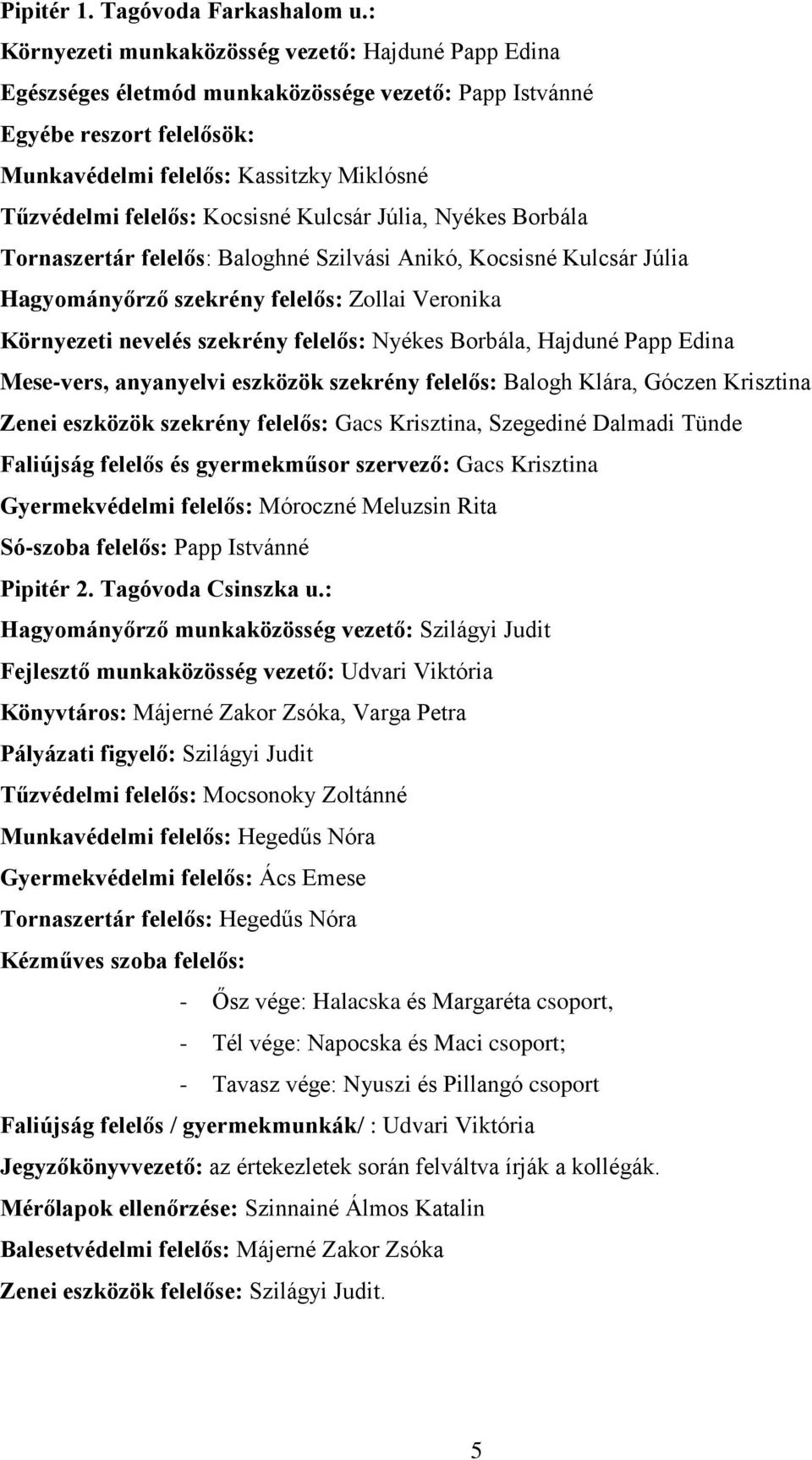 Kocsisné Kulcsár Júlia, Nyékes Borbála Tornaszertár felelős: Baloghné Szilvási Anikó, Kocsisné Kulcsár Júlia Hagyományőrző szekrény felelős: Zollai Veronika Környezeti nevelés szekrény felelős: