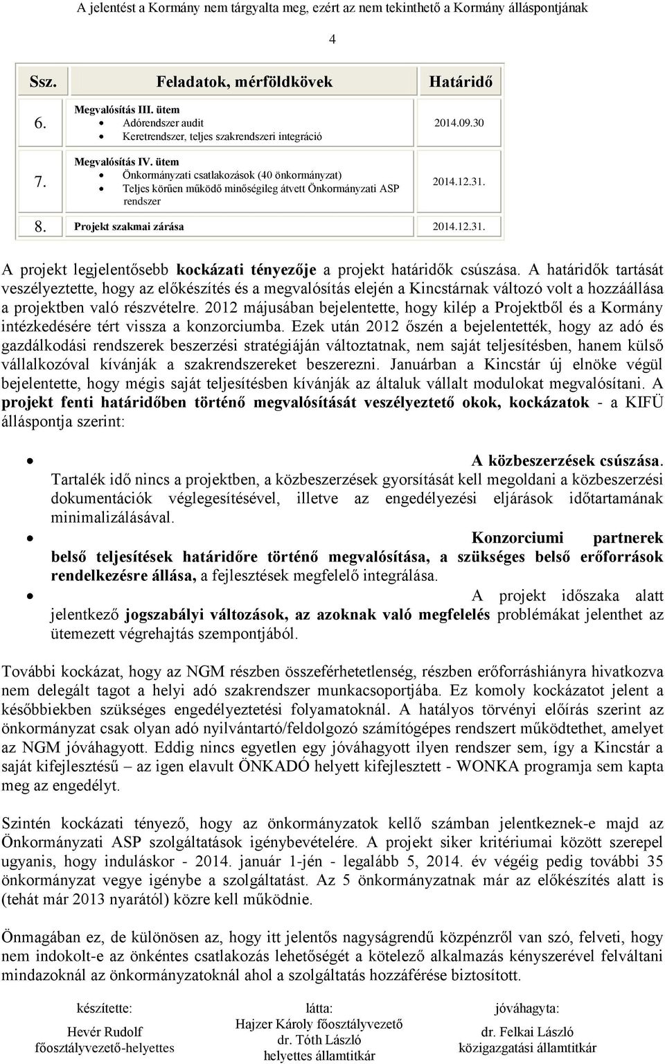 8. Projekt szakmai zárása 2014.12.31. A projekt legjelentősebb kockázati tényezője a projekt határidők csúszása.