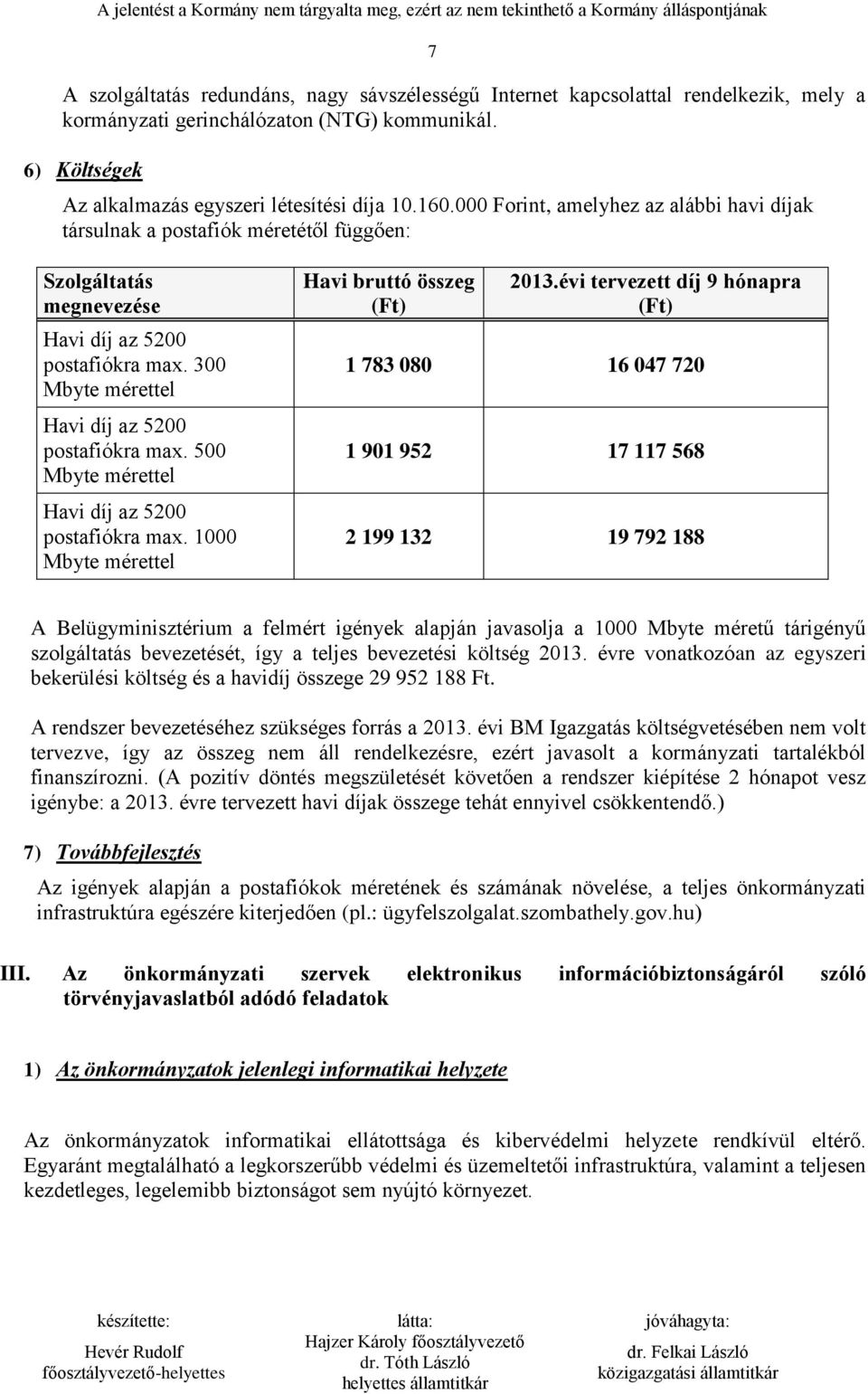 500 Mbyte mérettel Havi díj az 5200 postafiókra max. 1000 Mbyte mérettel Havi bruttó összeg (Ft) 2013.