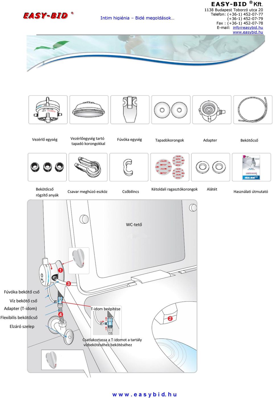 Alátét Használati útmutató WC-tető Fúvóka bekötő cső Víz bekötő cső Adapter (T-idom) T-idom