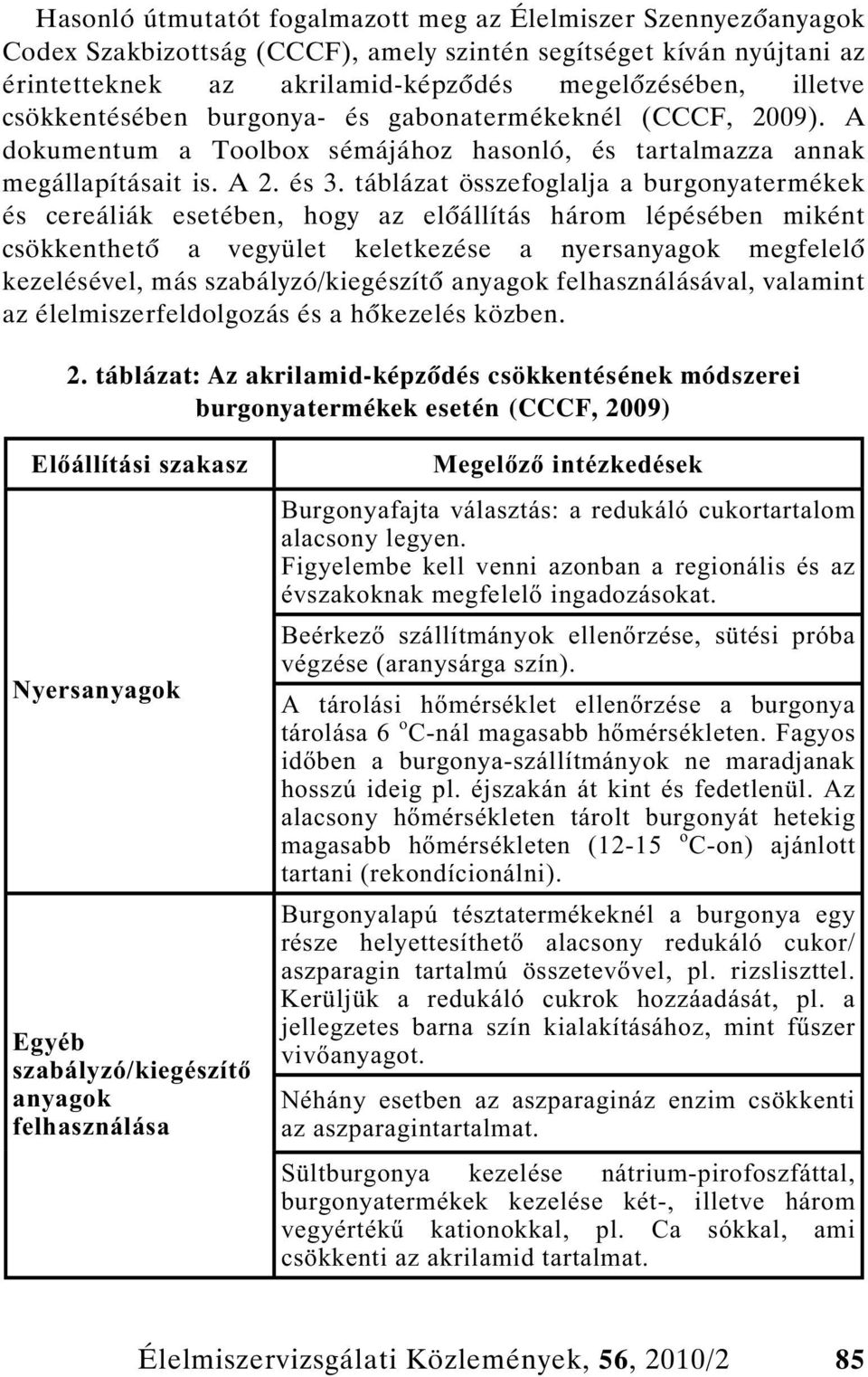 táblázat összefoglalja a burgonyatermékek és cereáliák esetében, hogy az el állítás három lépésében miként csökkenthet a vegyület keletkezése a nyersanyagok megfelel kezelésével, más