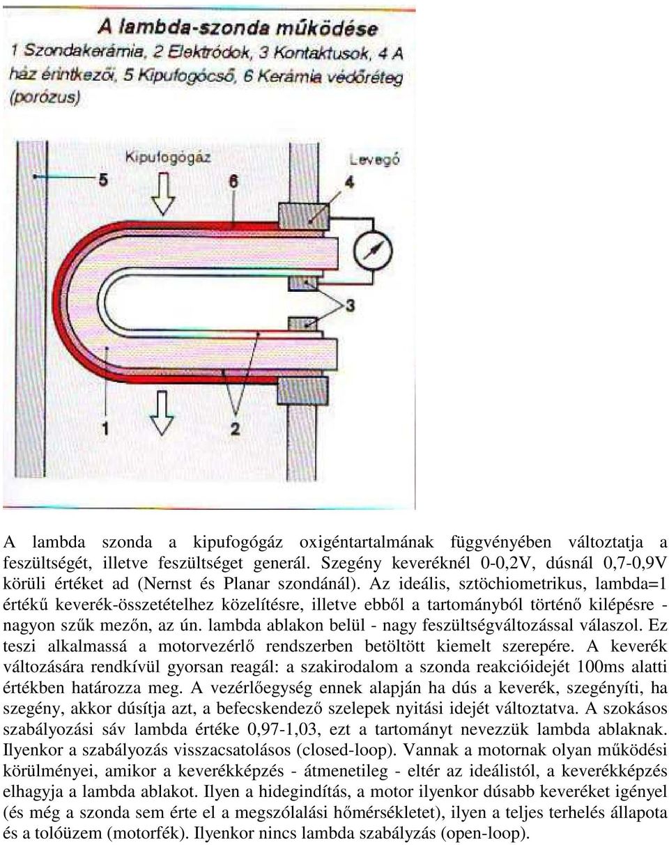 Az ideális, sztöchiometrikus, lambda=1 értékű keverék-összetételhez közelítésre, illetve ebből a tartományból történő kilépésre - nagyon szűk mezőn, az ún.