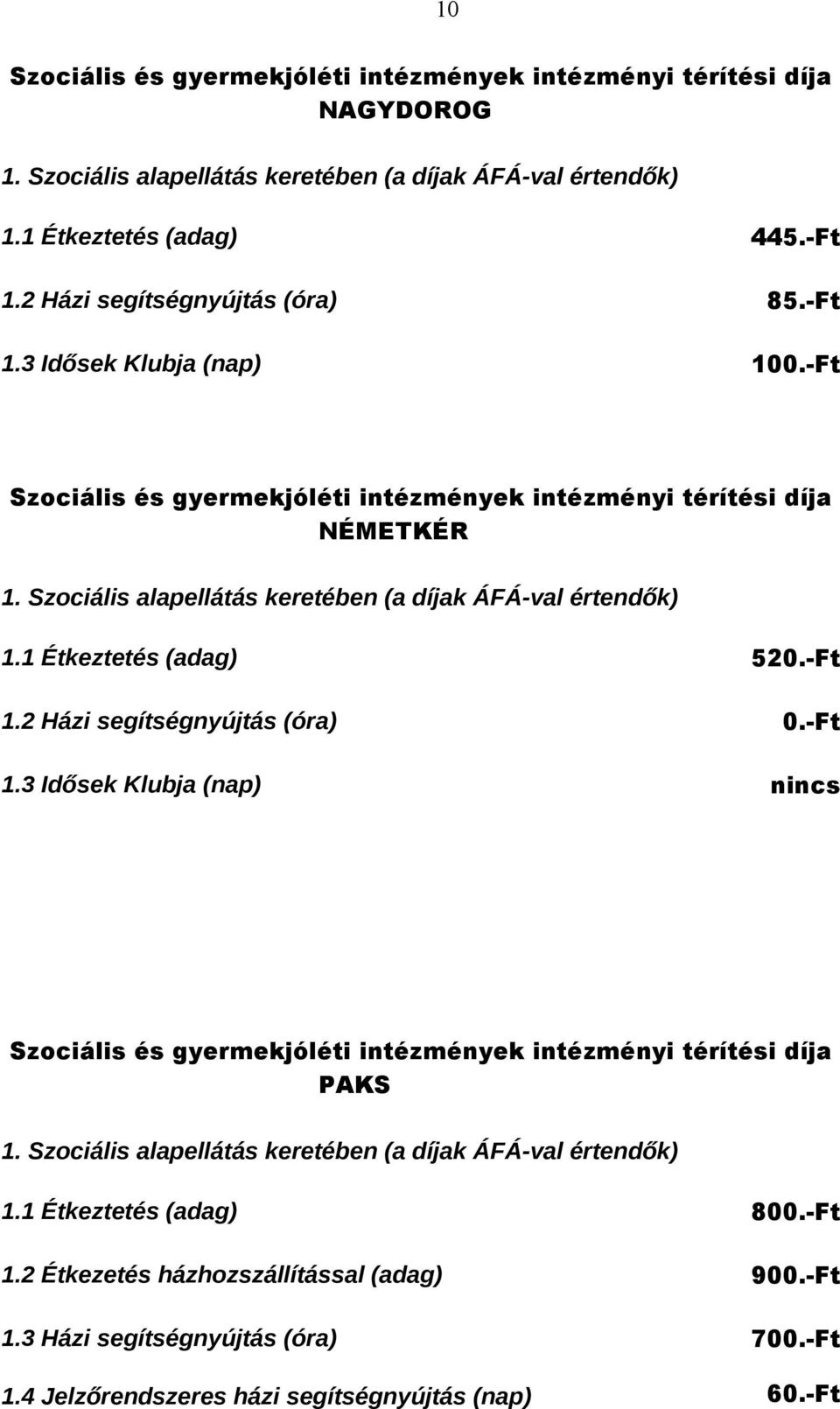 1 Étkeztetés (adag) 800.-Ft 1.2 Étkezetés házhozszállítással (adag) 900.-Ft 1.3 Házi segítségnyújtás (óra) 700.