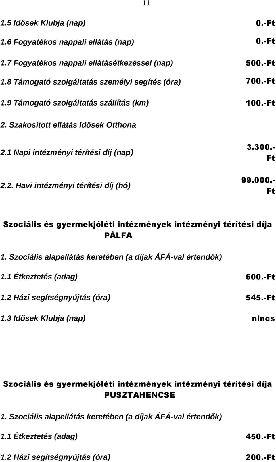 300.- Ft 99.000.- Ft PÁLFA 1.1 Étkeztetés (adag) 600.-Ft 1.2 Házi segítségnyújtás (óra) 545.-Ft 1.3 Idősek Klubja (nap) nincs PUSZTAHENCSE 1.