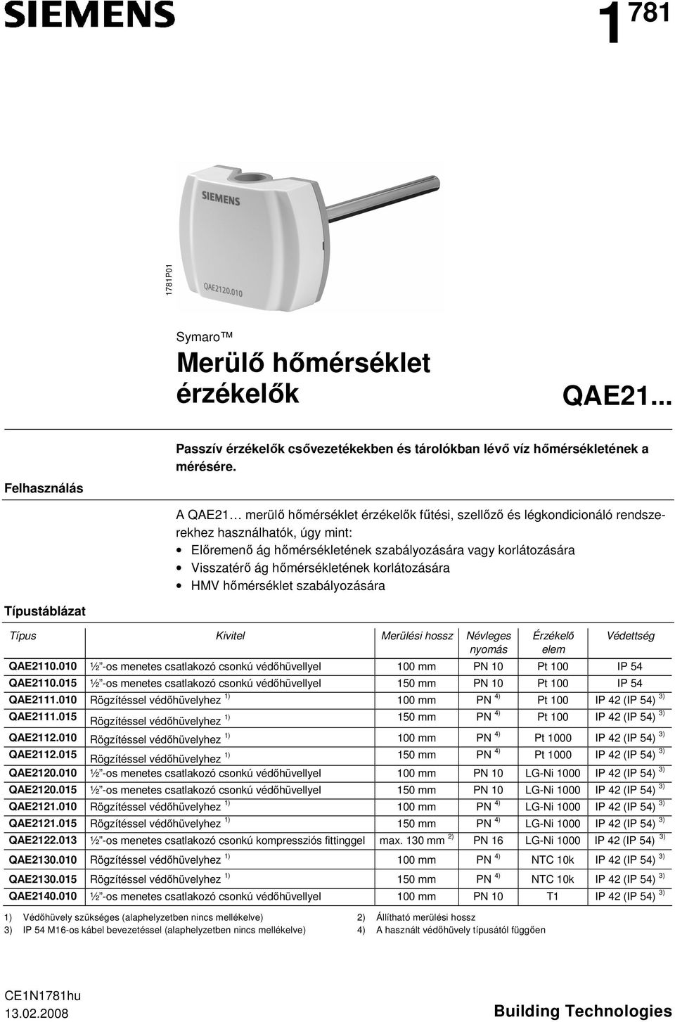 szabályozására Típustáblázat Típus Kivitel Merülési hossz Névleges nyomás Érzékelő elem Védettség QAE2110010 ½ -os menetes csatlakozó csonkú védőhüvellyel PN 10 Pt 100 IP 54 QAE2110015 ½ -os menetes