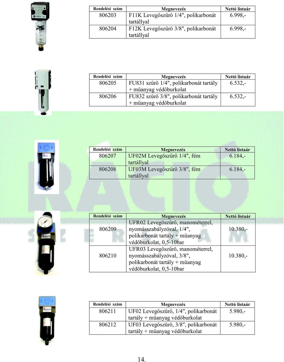 532,- 806207 UF02M Levegőszűrő 1/4", fém tartállyal 806208 UF03M Levegőszűrő 3/8", fém tartállyal 6.184,- 6.