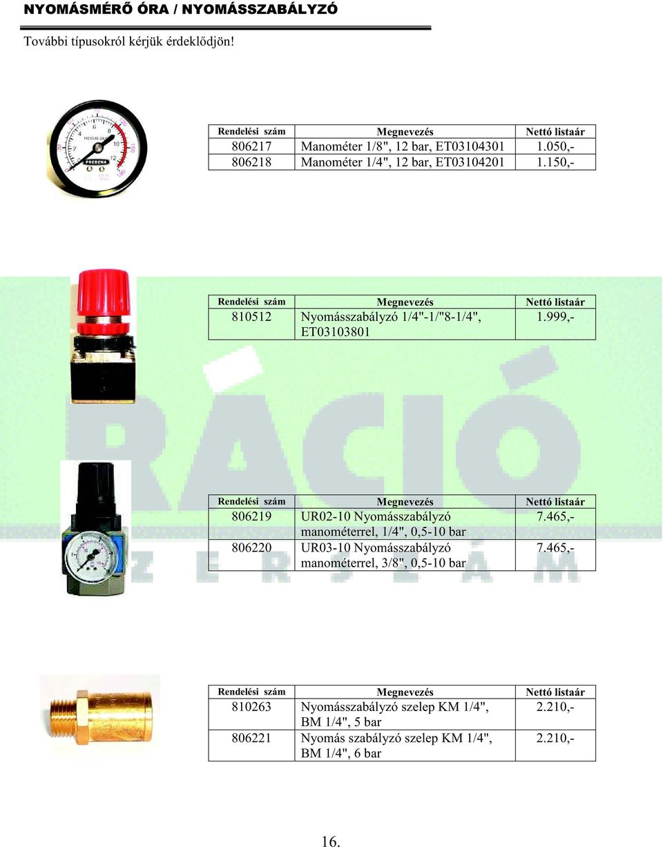 999,- 806219 UR02-10 Nyomásszabályzó manométerrel, 1/4", 0,5-10 bar 806220 UR03-10 Nyomásszabályzó manométerrel, 3/8",