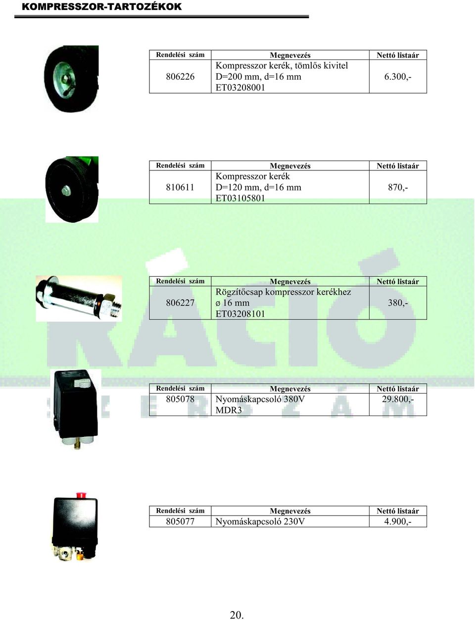 300,- 810611 Kompresszor kerék D=120 mm, d=16 mm ET03105801 870,- 806227